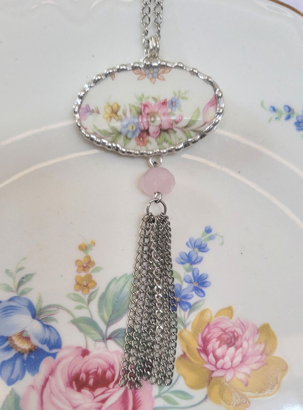 Broken China Floral Bouquet "Homer Laughlin Eggshell" Soldered Pendant Necklace